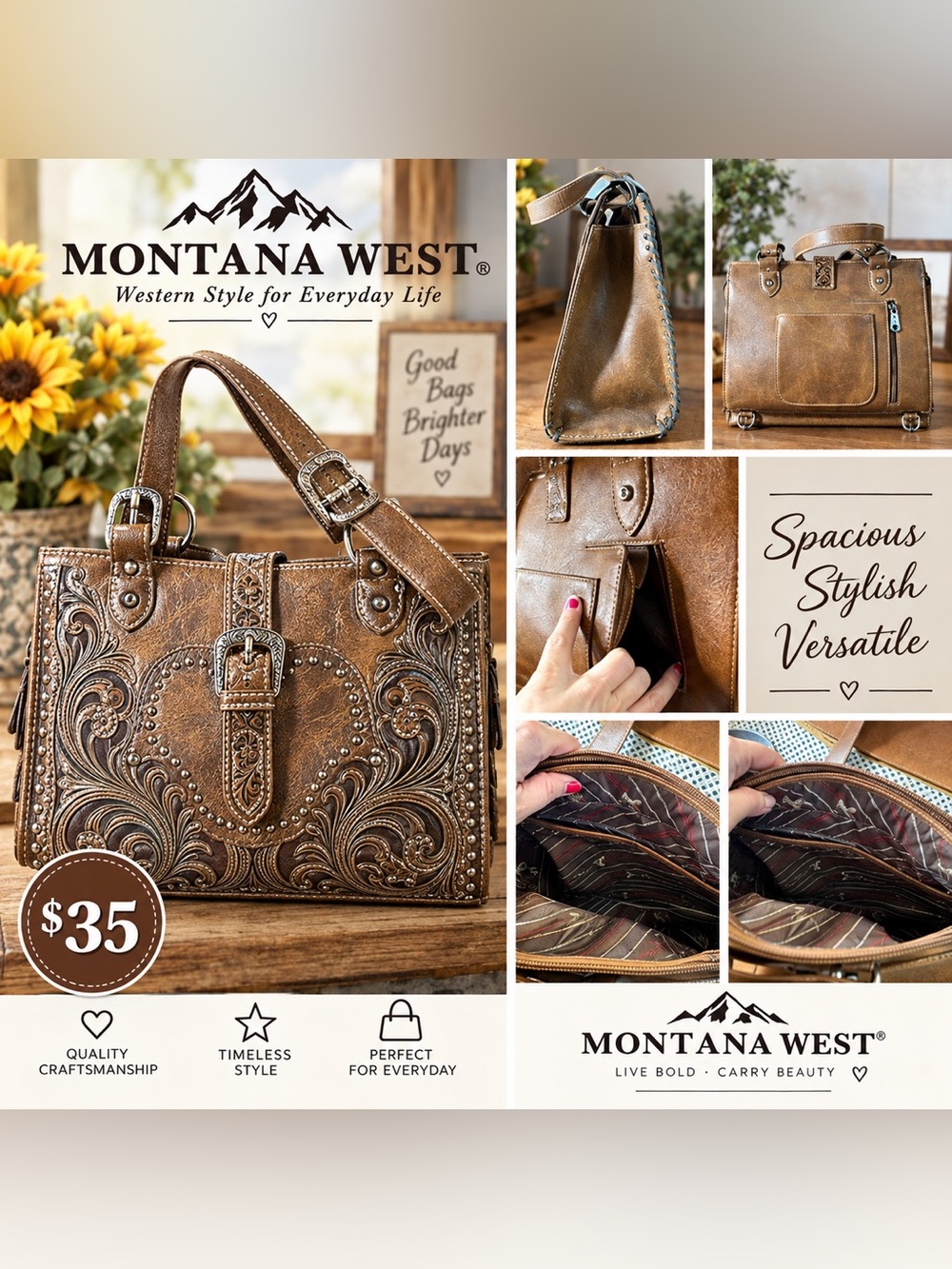 Montana West Brown Tooled Leather Shoulder Bag with Stud Accents